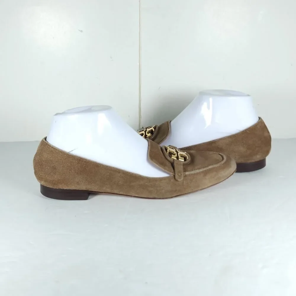 TORY BURCH Women's Metal Miller US8M Taupe Suede Medallion Logo Loafer Flats